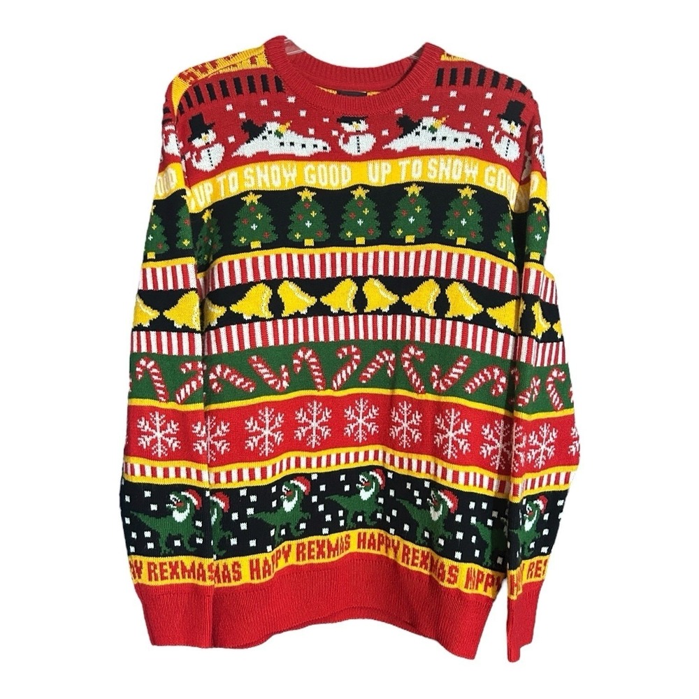 H&M Merry Christmas Medium Red Snowman,Tree,Bells, Candy Canes,Trex Sweater
